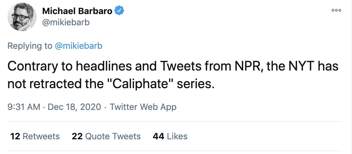 I'm glad the NYT finally acknowledged and issued a "correction" for the abysmal ethical and journalistic mess that was Rukmini Callimachi's 'Caliphate' series. It is not, however, enough. The series hasn't been "retracted" and Callimachi has just been reassigned. a thread.