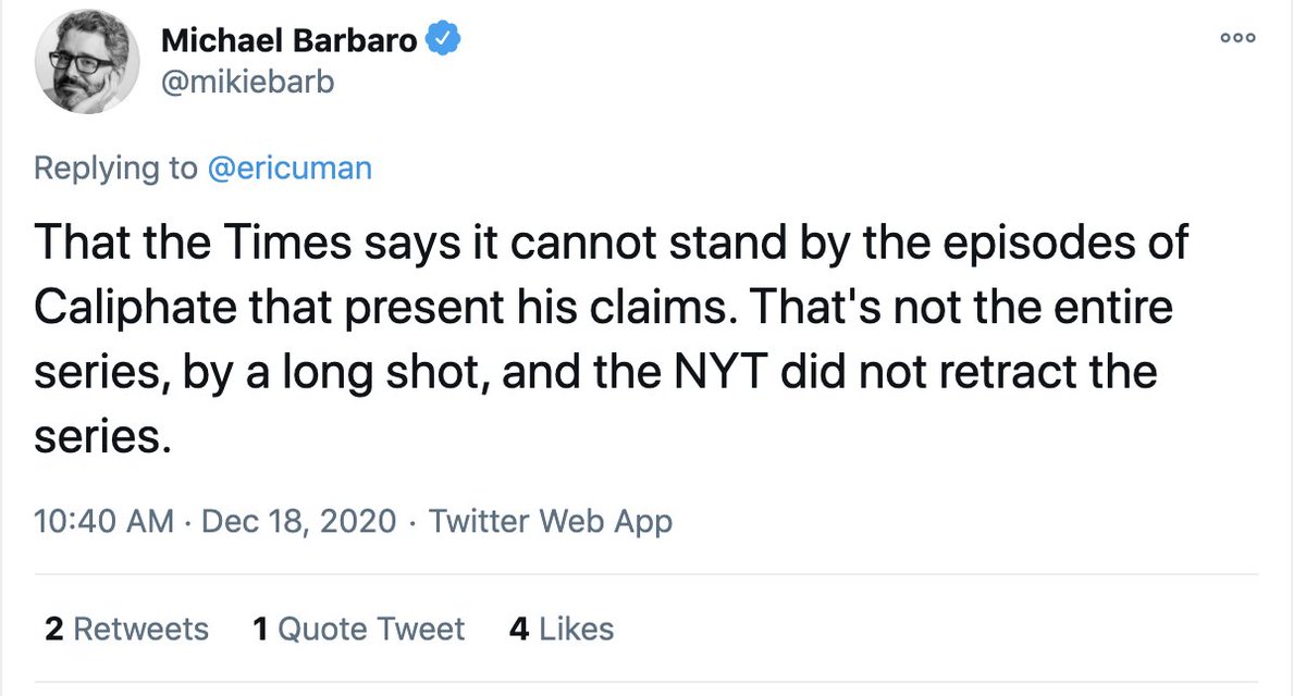 I'm glad the NYT finally acknowledged and issued a "correction" for the abysmal ethical and journalistic mess that was Rukmini Callimachi's 'Caliphate' series. It is not, however, enough. The series hasn't been "retracted" and Callimachi has just been reassigned. a thread.