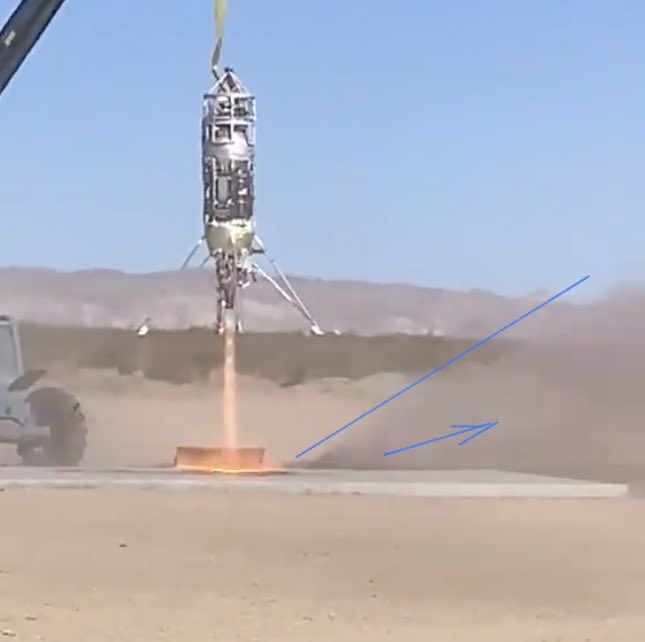 Note the blowing dust in the video. Rocket exhaust is collimated by Earth’s atmosphere into a narrow jet that would dig deep holes in soil, unlike highly underexpanded plumes in lunar vacuum, but the Masten team modified the test enviro to create realistic lunar landing ejecta.