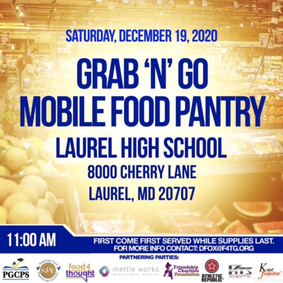 PGCPSPartners's tweet image. (Please RT) #PGCPSPartner #Food4Thought is hosting a #GrabAndGo to provide relief this Saturday, Dec. 19 beginning at 11 a.m. at Laurel High School located at 8000 Cherry Lane Laurel, MD 20707.