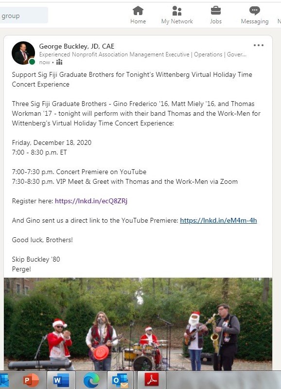 Three Graduate Brother Fijis from Wittenberg are performing a free virtual Christmas concert tonight at 7pm Eastern for all Wittenberg alumni. Details at Wittenberg.edu/ChristmasConce…