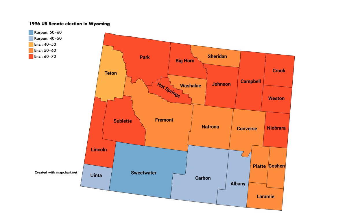 In 1996, state senator Mike Enzi won a close GOP primary against his future colleague John Barrasso to face former WY Secretary of State and 1994 Dem. nominee for Governor Kathy Karpan. This was back when Wyoming Dems could still come close federally and Enzi only won 54-42.