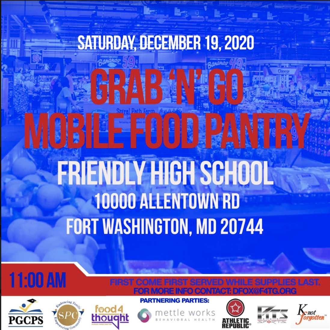PGCPSPartners's tweet image. (Please RT) #PGCPSPartner #Food4Thought is hosting a #GrabAndGo to provide relief today. Join us beginning at 11 a.m. at Friendly High School located at 10000 Allentown Road, Fort Washington, MD 20744.