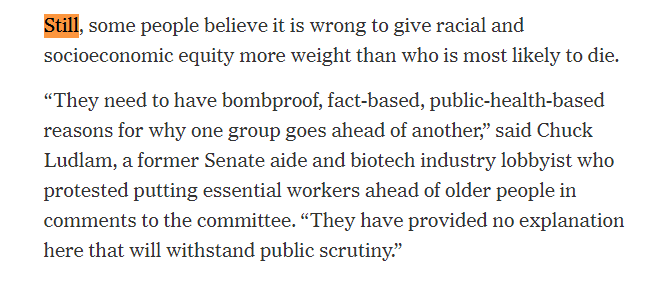 CUZ"[S]ome people believe it is wrong to give racial and socioeconomic equity more weight than who is most likely to die."--Chuck Ludlam, a former Senate aide and biotech industry lobbyist8/8