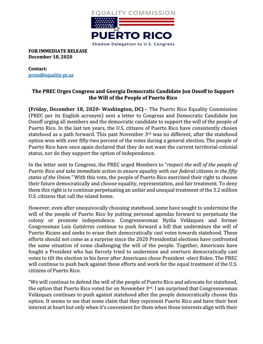 PRSC51's tweet image. The PREC Urges Congress and Georgia Democratic Candidate Jon Ossoff to Support the Will of the People of Puerto Rico