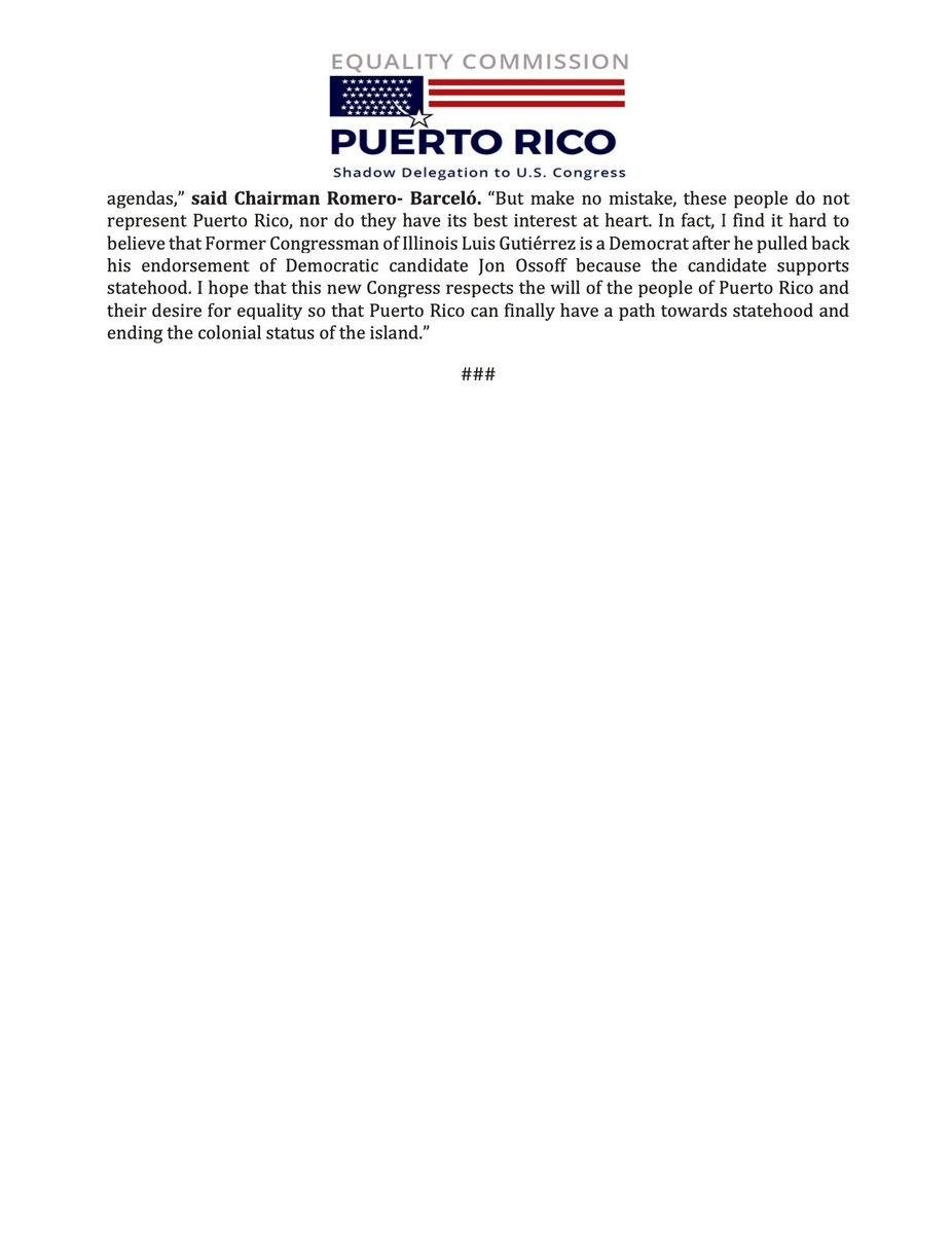PRSC51's tweet image. The PREC Urges Congress and Georgia Democratic Candidate Jon Ossoff to Support the Will of the People of Puerto Rico