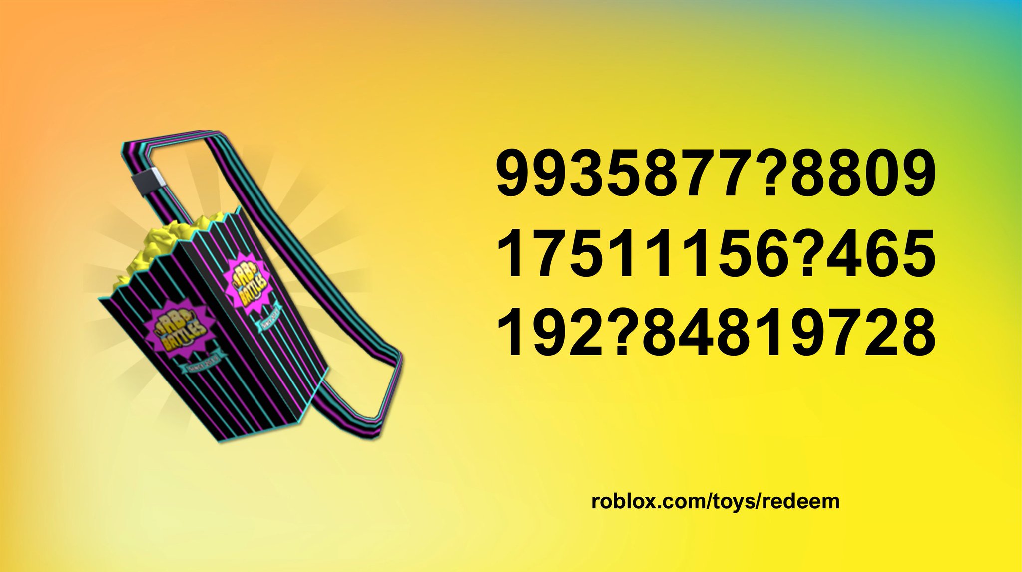 Bloxy News On Twitter Here Are A Few One Time Use Rbbattles Popcorn Bucket Codes If You Can Find The Missing Number In Each Code The Item Is Yours Redeem At Https T Co Mkc7gqa4jk - roblox.com/toys codes