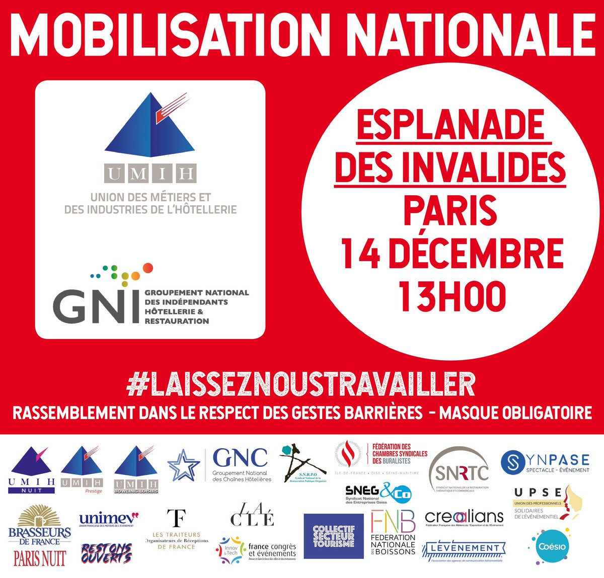 AlexandraChust's tweet photo. Une mobilisation nationale a eu lieu le 14 décembre aux invalides pour soutenir le secteur de l’#événementiel 

Le but est de faire entendre les voix de ce secteur qui a engendré plus de 5 milliards d’euro de CA. 
#COVID19 @JegouzoJ https://t.co/YPydPRdO5B