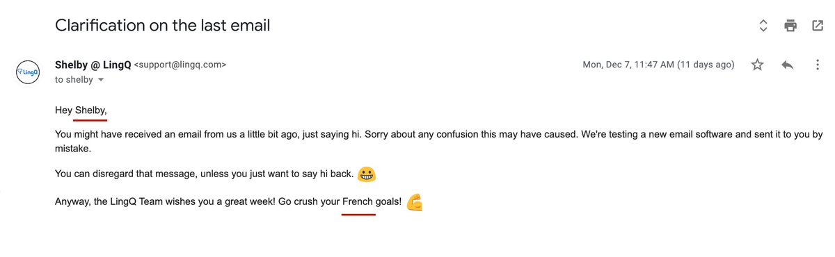 About an hour later I noticed it had send to ~45K people, not just the 11 in our testing group.We had 500-600 replies ranging from "Hey!" to "Uh, did you get hacked?"~*Panicking*~, I sent this followup email (red underlines to indicate dynamic variables based on user):