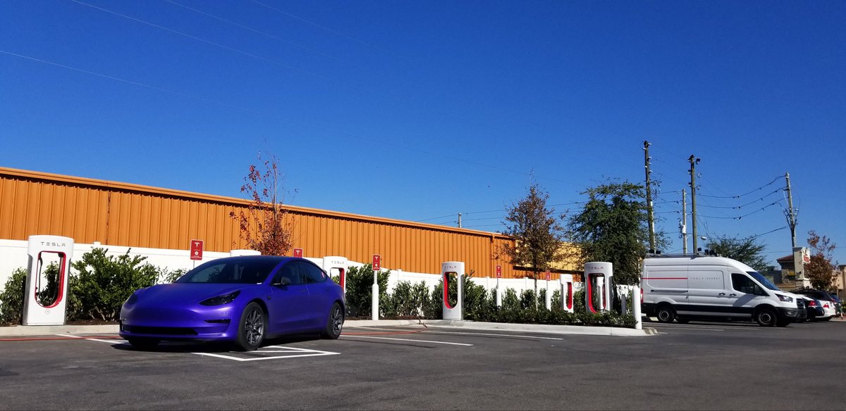 TeslaClubSoFla's tweet photo. A new Superchargers location has just opened at Winter Garden with 8 V3 stalls. Will be on the @tesla navigation in the next few days. https://t.co/5CGNGOPOSq
Photo by club member @nate_mccomb #purplemodel3 https://t.co/fKJKNh2DNd