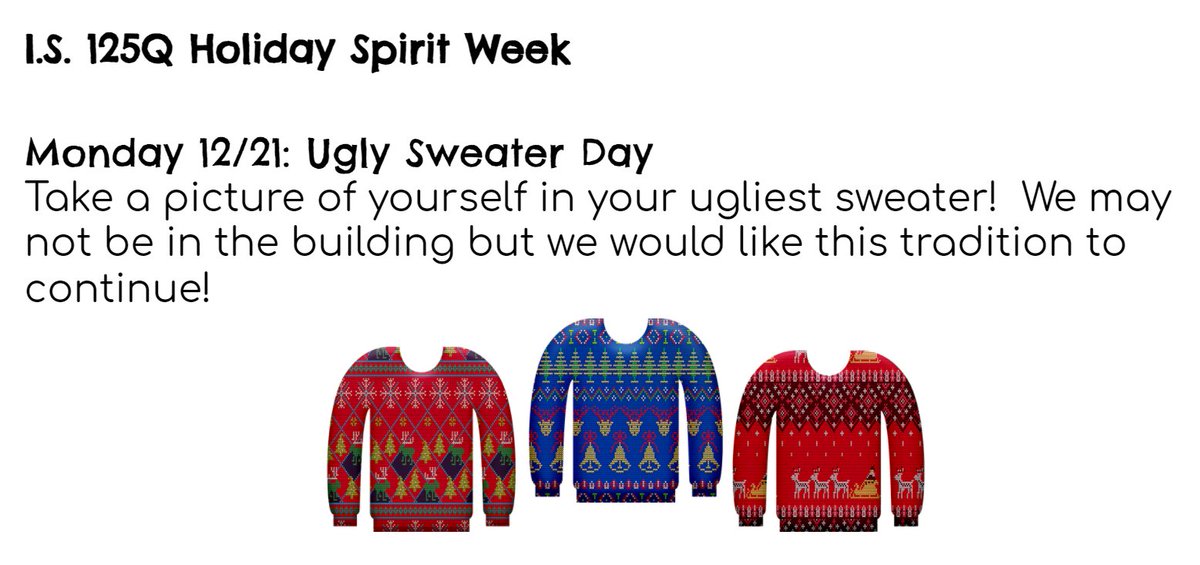 IS125Q's tweet photo. Get ready #woodsidewolves - can you recognize your #is125q staff members in their Ugly Sweaters?? https://t.co/9M0ZSgOdJu