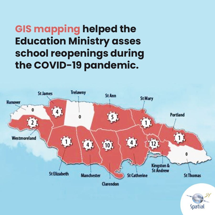SpatialVision's tweet image. GIS in JA 🇯🇲 :
Using data on confirmed COVID-19 cases, case spread, as well as information from school inspection, the Education ministry employed GIS mapping in the assessment of school readiness for reopening. #spatialvision #uGIS #geospatial