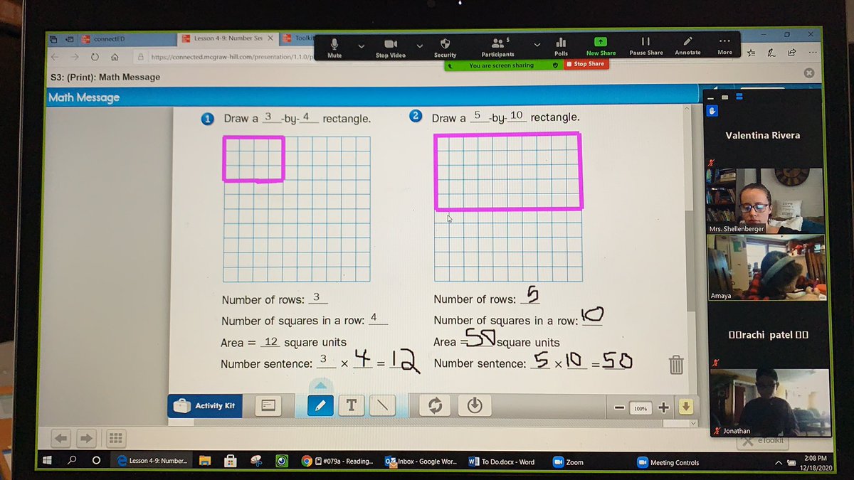 In our math lesson today, we learned how to find area by multiplying the side lengths together - just like an array! Students transferred their knowledge and made great connections! A small group stayed on office hours for some extra practice. #wyproud