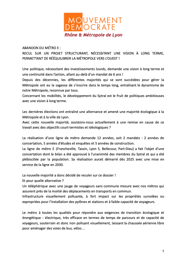 FOUZIYABOUZERDA's tweet photo. Quand le manque de vision à long terme signe la fin d'un projet structurant pour l'ouest métropolitain ! 
Le @MoDem du Rhône regrette l'abandon du projet de #MétroE par la nouvelle majorité écologique au @SYTRAL_RHONE ! 
Ci-dessous notre communiqué👇 https://t.co/SOCPdzzznI