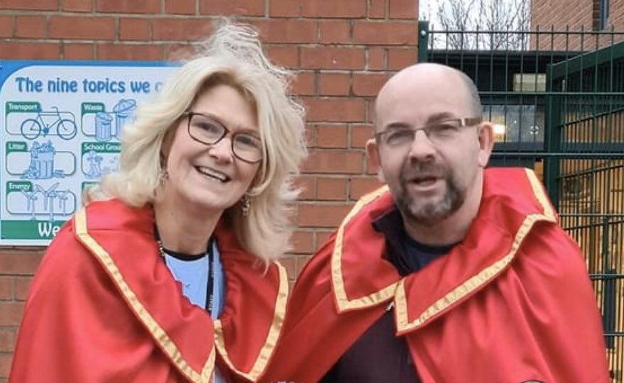 RedlandsWorksop's tweet photo. Itβs been an emotional few days as Mr & Mrs Walker both retire after working at Redlands for 34 & 35 years! The one and only, Mr Ashton, paid a surprise visit to the King & Queen of Redlands & shared memories of the early years. We will miss them both very much #TeamRedlands https://t.co/U5tvjnD2EX