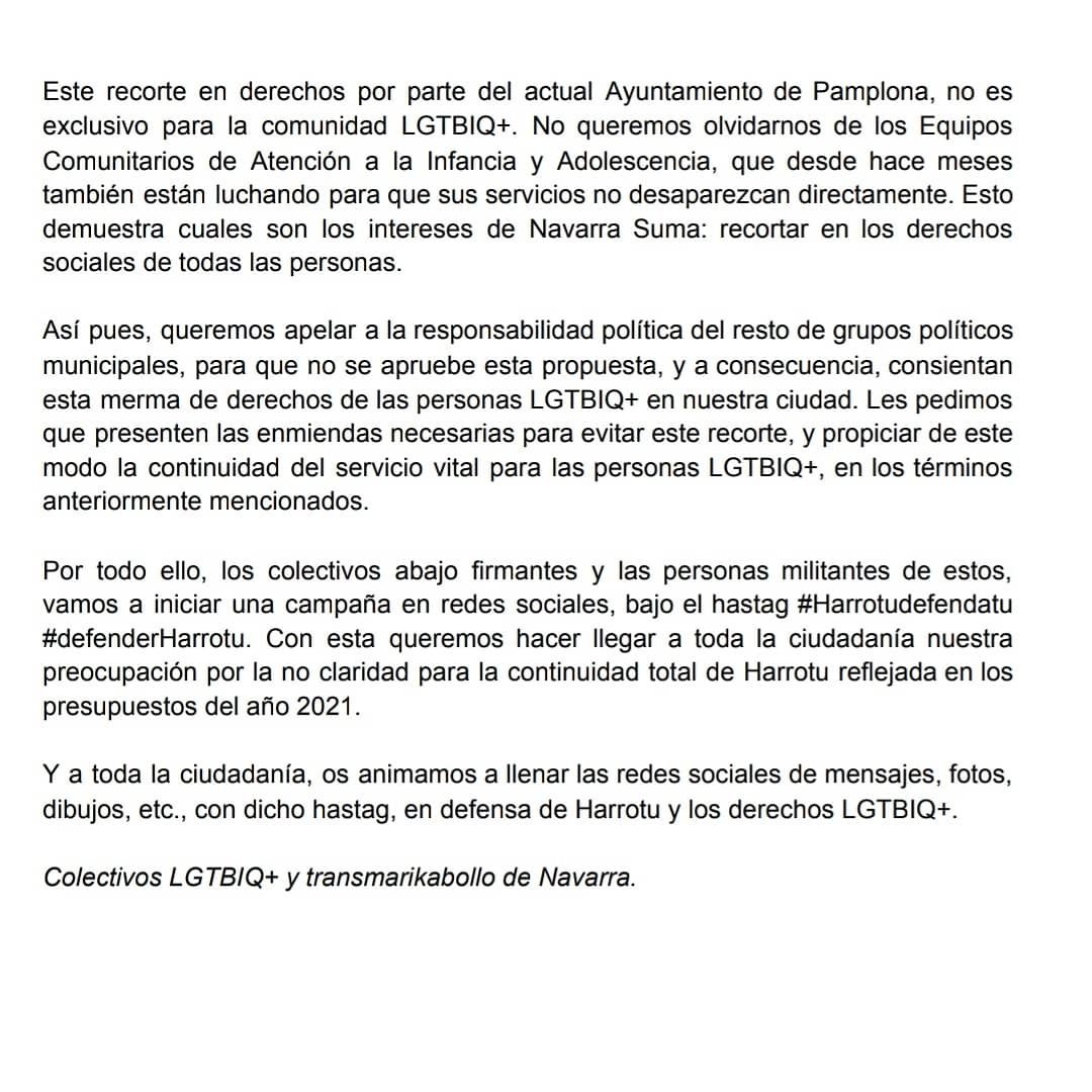 DekumasLBT's tweet photo. 🏳️‍🌈 @CentroHarrotu en lucha 
El martes votan los presupuestos 2021 y el Ayuntamiento de Pamplona no aclara la continuidad del servicio Harrotu y recortar en los derechos de las personas LGTBIQ+
Únete a la campaña con #Harrotudefendatu #DefenderHarrotu
Vamos a llenar las redes https://t.co/LVkUjOAG5C