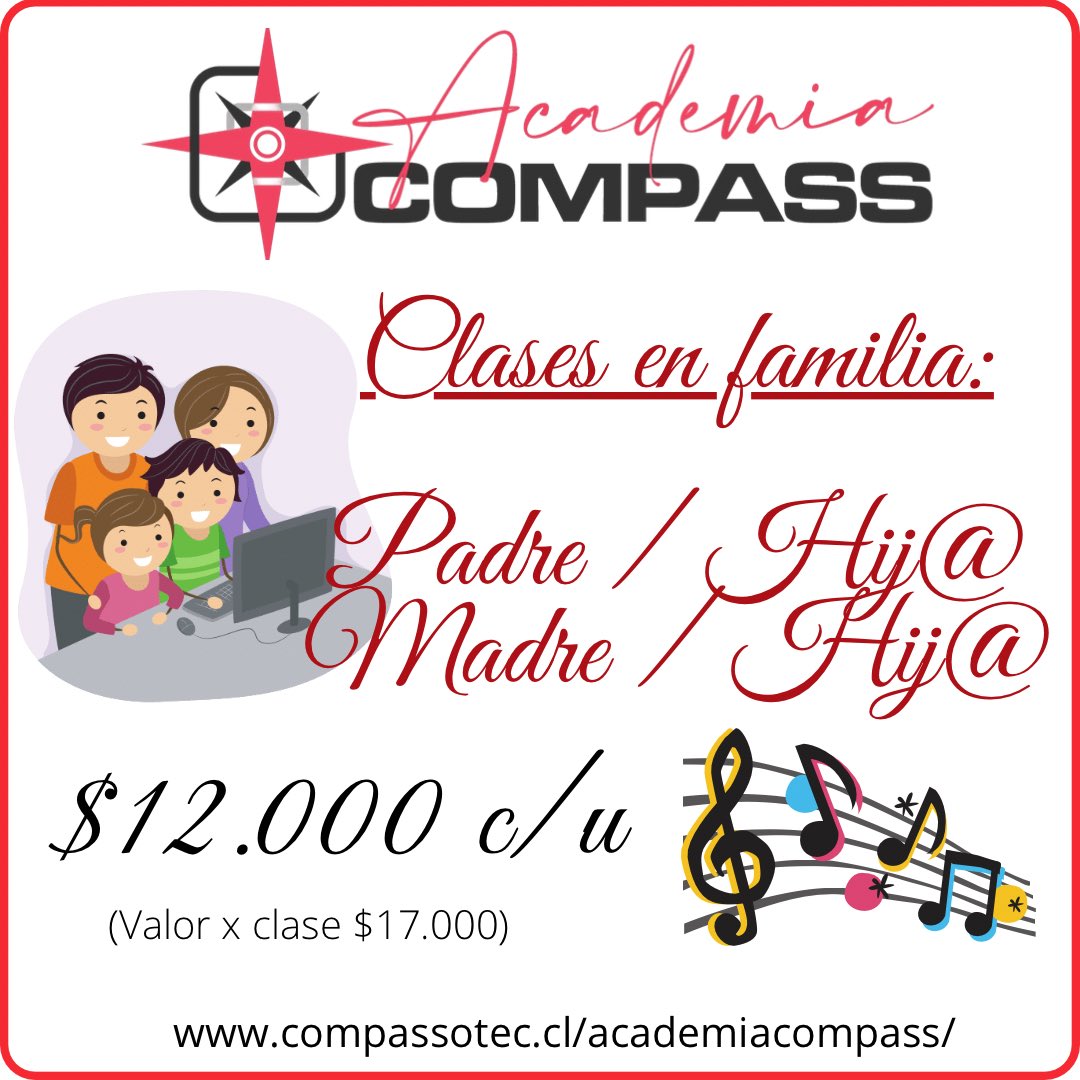 Compassotec1's tweet photo. Aprovecha y aprende con tu familia‼️

🪄 Curso Padre/Madre &amp; Hijo/Hija a $12.000 c/u (valor referencia $17.000) o con tu familia 

✔️ Puedes pagar en 3 cuotas precio contado.

✔️ Visítanos en https://t.co/fljGXPvHNc 

Consulta en Cursos@compassotec.cl

#academiademusica #cursos https://t.co/ySiZynobnt