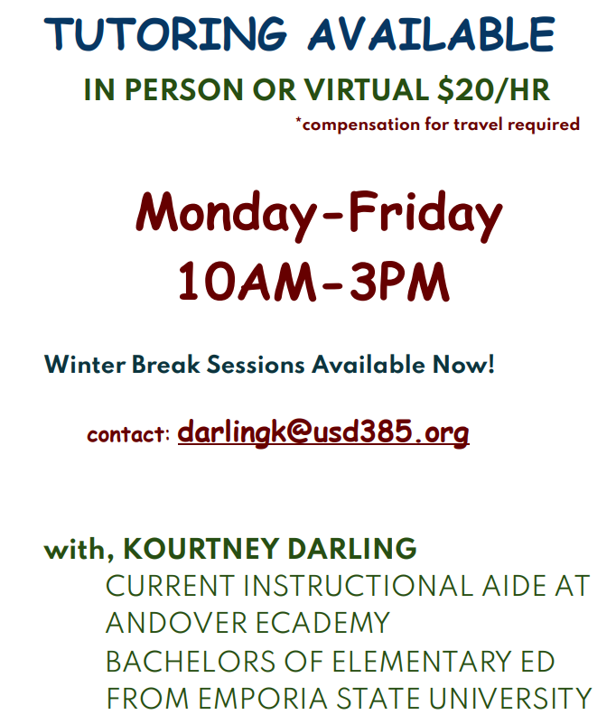 Andover_eCademy's tweet photo. I am Kourtney Darling &amp; I am an instructional aide with Andover eCademy.  I'm offering tutoring services for those who are interested in additional assistance over the Winter Break starting after Friday Dec. 18 and ending when school begins again on Jan.4! https://t.co/vknx9eh0Wj