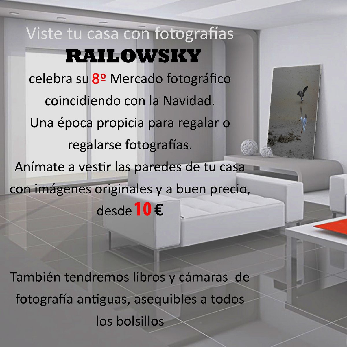 8º MERCADO FOTOGRÁFICO DE NAVIDAD
Desde hoy queda inaugurada una nueva edición de nuestro tradicional MERCADILLO coincidiendo con estas fiestas.
Un buen motivo para regalar o regalarte fotografía.
Vestir las paredes de tu casa con buenas fotografías originales, desde 10 €.