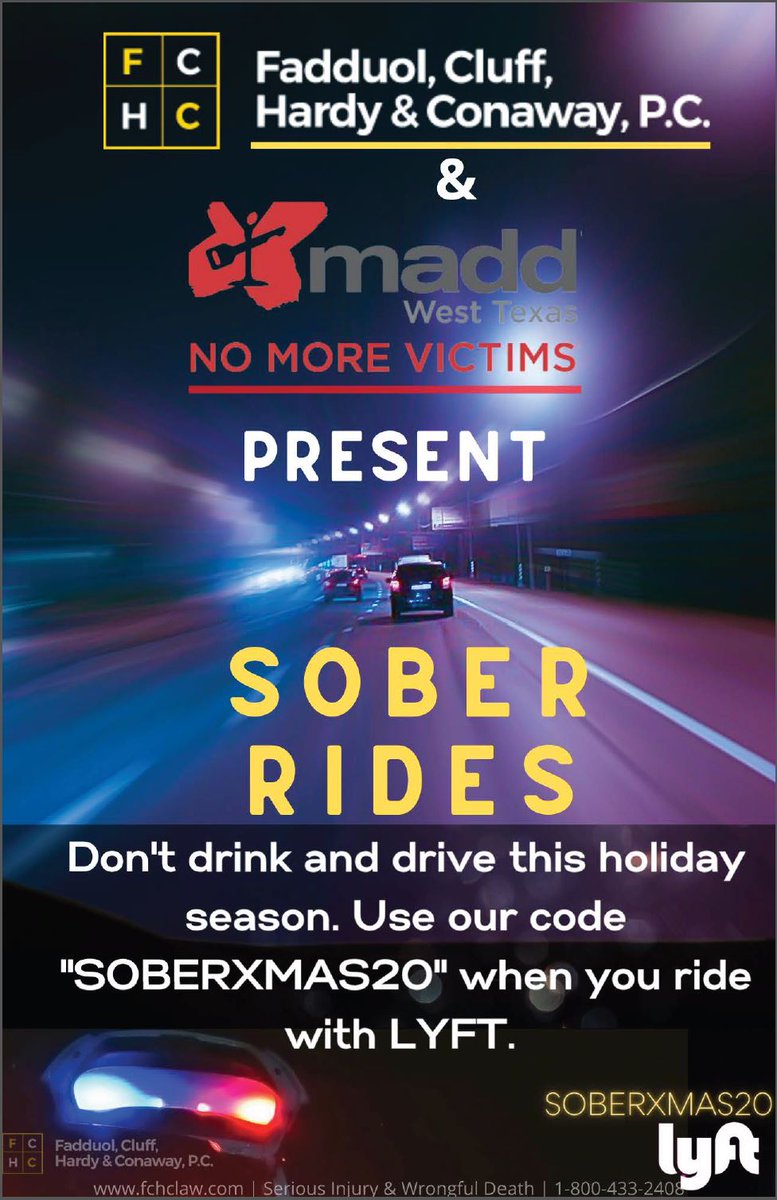 FridayAdapt's tweet image. Hey West Texas! Headed out Christmas Day?
@TxDOTOdessa has partnered with @FadduolCluff7, @lyft, and @MADDOnline to offer $20 Lyft discount codes for Christmas Day. Do your part to help #EndTheStreakTX.
#txdot #dui #DriveSoberOrGetPulledOver  #SoberXmas20 #MADD #NoMoreVictims