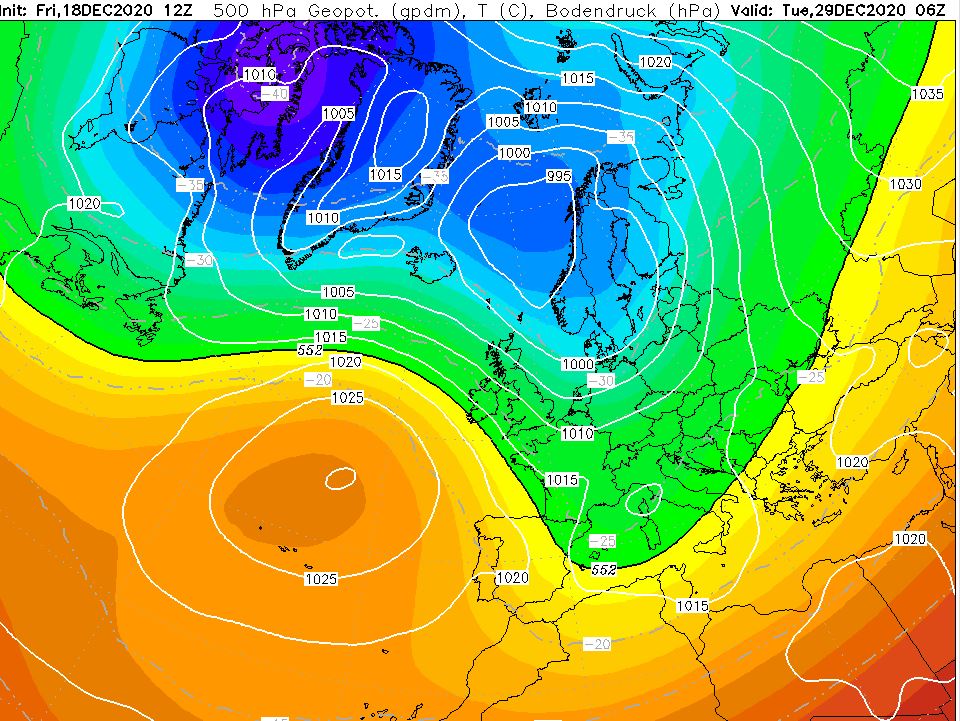 However there are some ensembles indicating a warmer signal at times but they aren't noteworthy enough to say that it will be very unsettled and mild. Looking at the ensemble mean it would suggest that High pressure will generally dominate to the Southwest and a trough 2/10