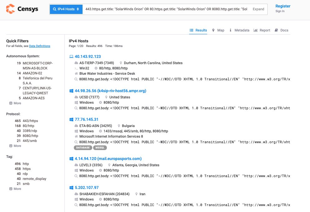 censysio's tweet photo. Here is a quick guide to finding #SolarWinds Orion associated hosts and use cases:

-- Find Orion assets worldwide
-- Find Orion assets associated with RDP certs
-- Find possible IOCs

https://t.co/aBpkzbRhDp https://t.co/mAZyAFyacF