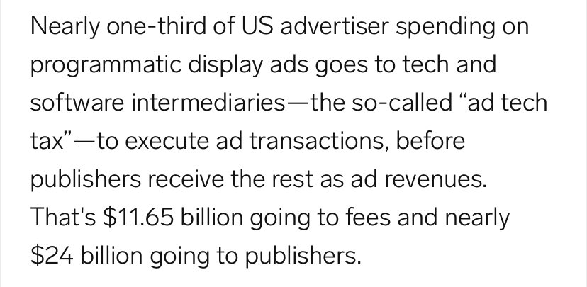 it gets even worse when you realize the fees paid to brand safety vendors are just a part of the greater “adtech tax” news orgs are forced to bear how many jobs could journalism save with 11 billion+ extra dollars per year? or even like... any dollars  https://www.emarketer.com/content/emarketer-s-new-ad-tech-tax-estimates-show-one-third-of-spending-goes-to-intermediaries