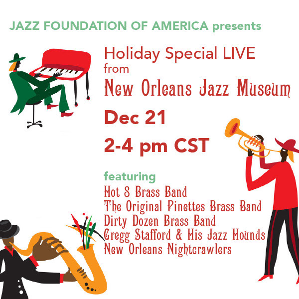 Please join us THIS MONDAY for our Holiday Special live virtual concert from @nolajazzmuseum featuring @hot8brassband, #originalpinettesbrassband, @dirtydozenbrassband, Gregg Stafford featuring Thais Clark and @neworleansnightcrawlers ! Watch the show on our Facebook Page!
