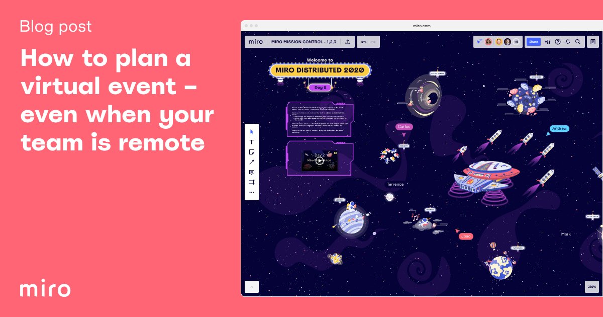 MiroHQ's tweet photo. Collaborating with your team to plan an event seems easy enough, but it can be a challenge when key stakeholders are distributed and you’re working against conflicting time zones.
See how we utilized Miro to plan our #Distributed2020 event! ⬇️
https://t.co/JrtFpsigwz https://t.co/6LYgn43VNf