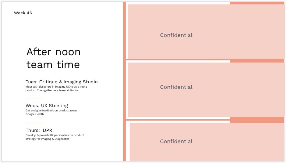After an intensive morning of 1:1's with my team, cross-functional partners, my manager, etc, and running that lunch time workshop, the afternoon is when I switch to large group settings.Tues: Crit & StudioWeds: UX SteeringThurs: Product Review