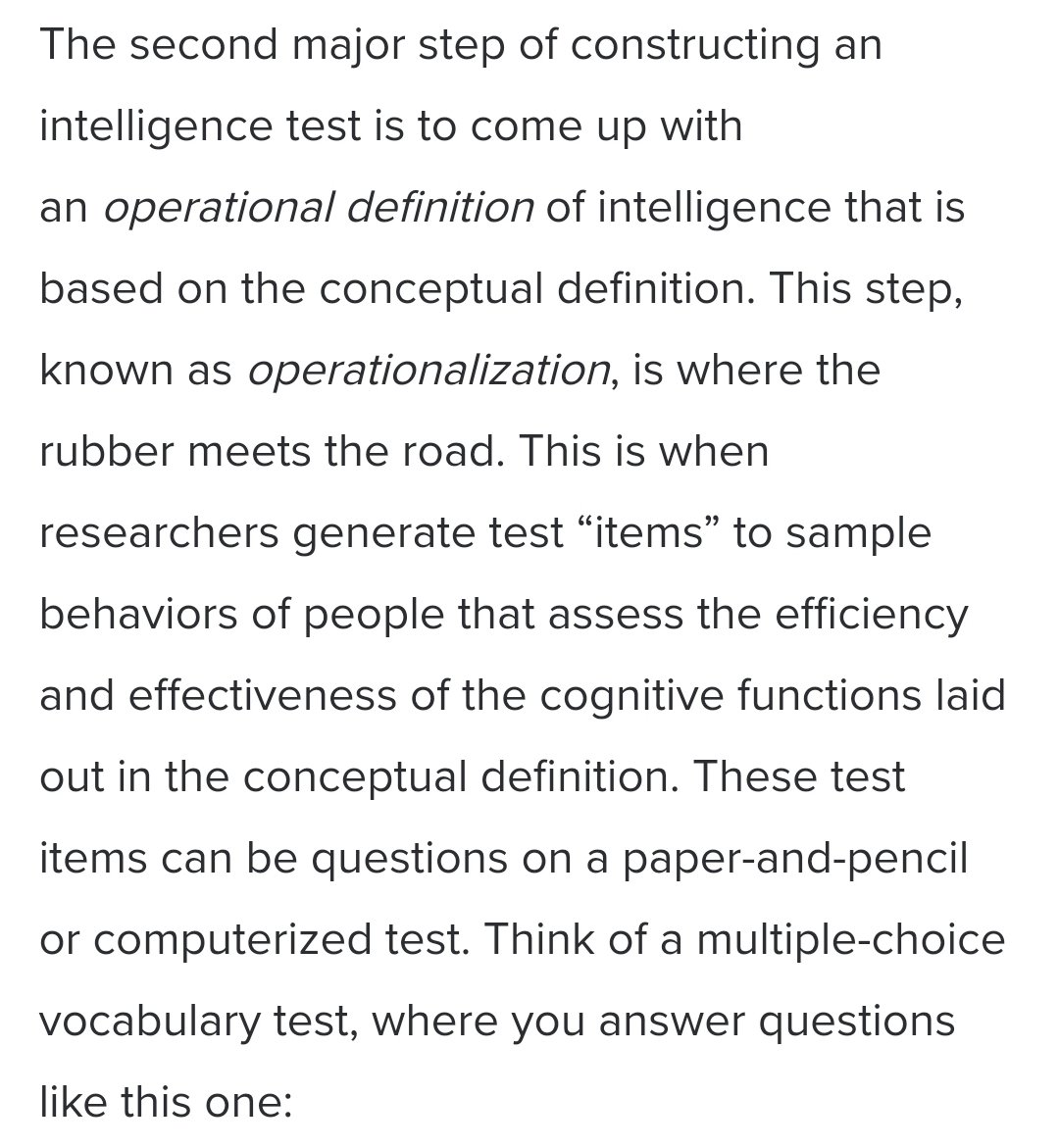 4/n He then brings up an "operational definition", stating this concept is "based on the conceptual definition", using "generate test "items" to sample the behaviors of people that assess the efficiency of the cognitive functions laid out in the conceptual definition."