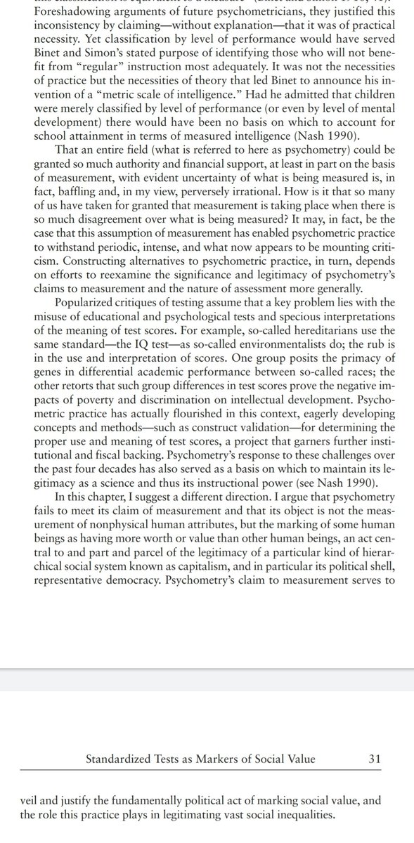 16/n Garrison (2009: 30-36) In A Measure of Failure argues that, such tests aren't "measument tools", they function as assessment, not measument, devices.They're used to mark social value, since the test constructors already have biases and construct the test accordingly.
