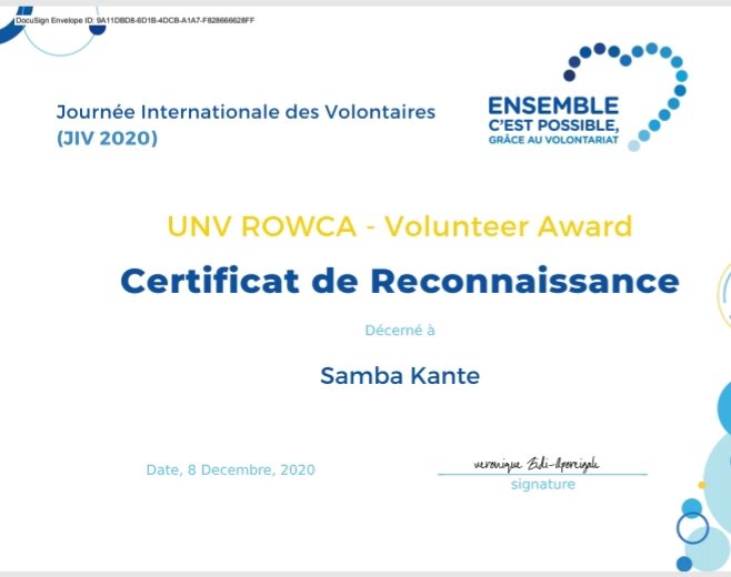 KANTESamba6's tweet photo. Merci au Programme VNU pour ce certificat de reconnaissance 🙏🙏
@pvnuguinee
@bery_kandji 
@diengfk https://t.co/7s6GrGDpdI