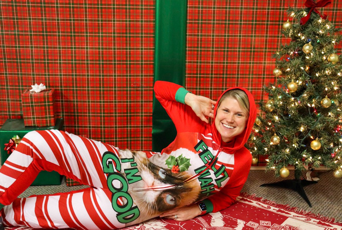SammiWangsness's tweet photo. Ugly Christmas sweater day at the office. Feliz Nah I’m Good - onesie instead. #superflattering #whatdoidowithmyhands #godgavemeasmile https://t.co/3U0HeoAVvi
