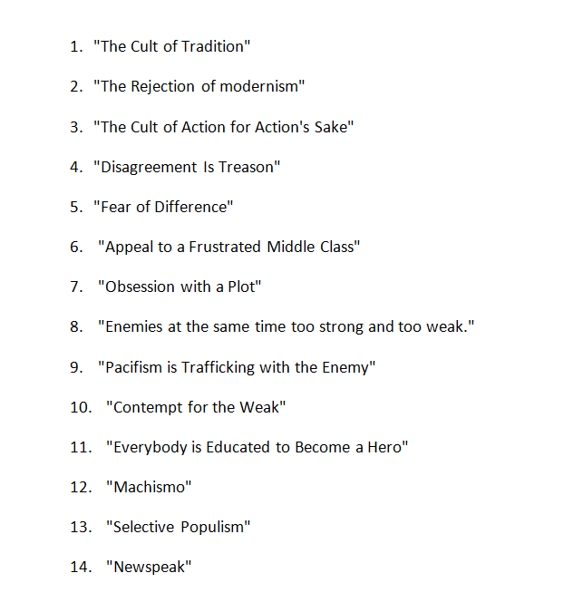 Wikipedia summarizes Umberto Eco's famous 1995 definition of Fascism with these 14 points. Surprisingly you can tick off quite a few of these for the modern Woke.