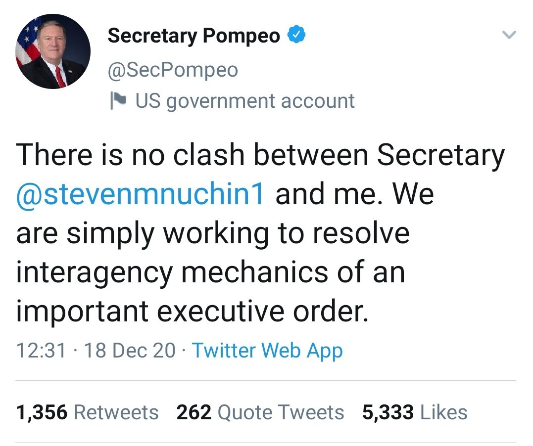 Oh hey,  @WSJ report based on "people familiar with the matter" gets **PUNKED** at the same time by BOTH  @stevenmnuchin1 and  @SecPompeo!How's THAT for a fast, coordinated response to a corporate media disinformation campaign, eh? 