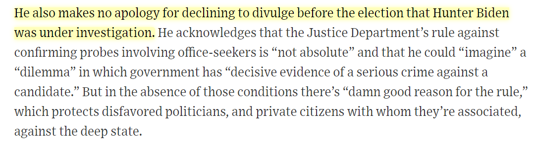AG Barr is glad he didn't reveal the DOJ investigation of the Biden Crime Family before the election, while social media censored every mention of it and the corrupt media declared it to be a foreign disinformation campaign. Again, what a joke this interview is.