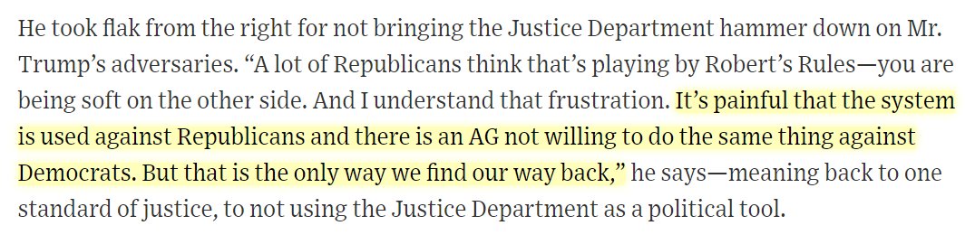 "It’s painful that the system is used against Republicans and there is an AG not willing to do the same thing against Democrats. But that is the only way we find our way back,”Yeah, that's' how we find our way back to Democrats using the system to go after Republicans again.