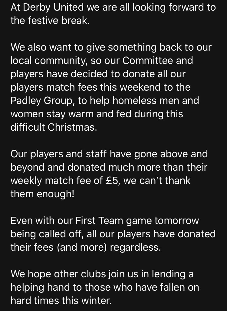 DerbyUnitedFC's tweet photo. 🟥CLUB STATEMENT🟥

In order to help our local community this Christmas time, Derby United will be making a donation to @PadleyDerby to help homeless men and women this winter.

Thank you to all our players &amp; staff.

We would love more clubs to follow suit!

🔴⚫️🔴 https://t.co/4S807ZEjc7