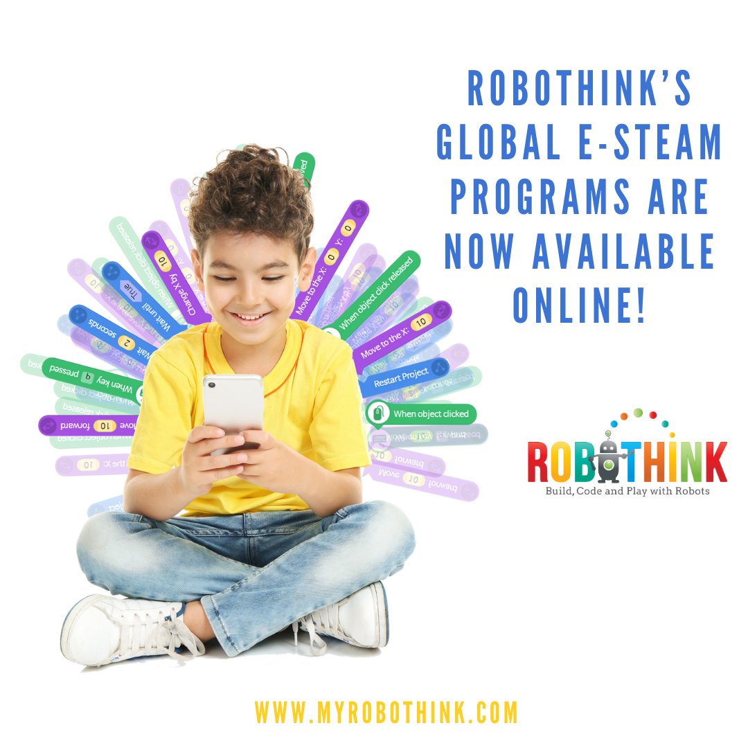 Now available online!RoboThink #Online is an online #STEM learning program that teaches critical 21st century skills like #coding, robotics, engineering and entrepreneurship, in the comfort and safety of your home. Go to RoboThinkOnline.com #buildcodeplay #robothink #esteam