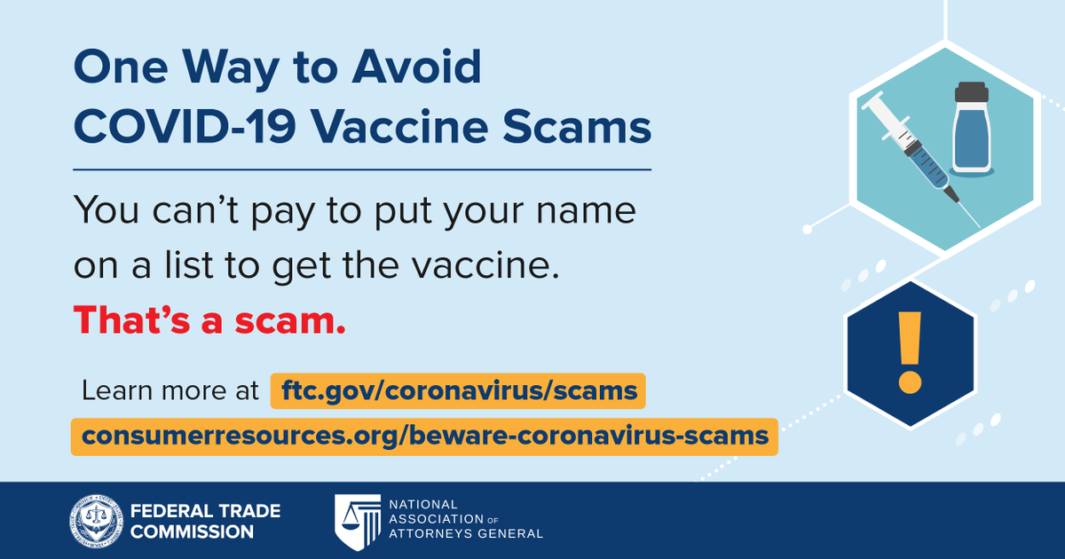 FBI's tweet image. #NEW: As distribution of #COVID19 vaccines begins, watch for signs of potential scams. Scammers may ask you to pay out of pocket for the #vaccine or for early access to it. They may also ask you to pay to put your name on a vaccine waiting list. fbi.gov/coronavirus
