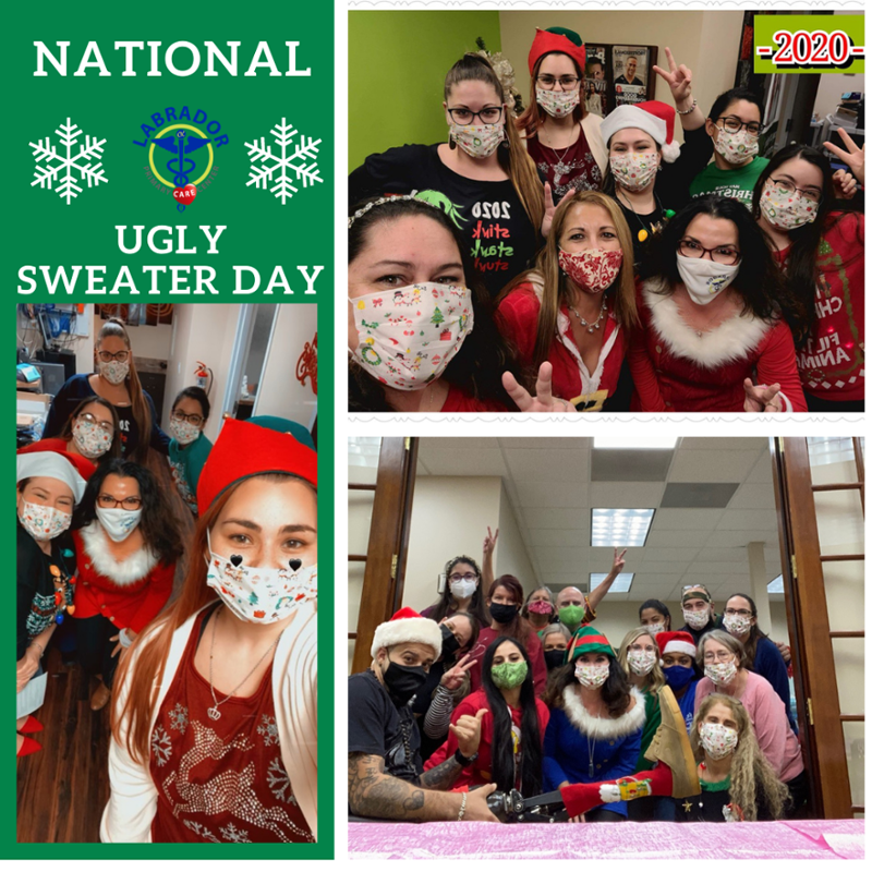 drlabradormd's tweet photo. Feeling festive at #labradorprimarycare so the staff decided to rock their Christmas sweaters in honor of National Ugly Sweater Day! 🎄🎅 #nationaluglysweaterday #christmassweaters #drlabrador #uglysweaterday https://t.co/al6JALLTBt