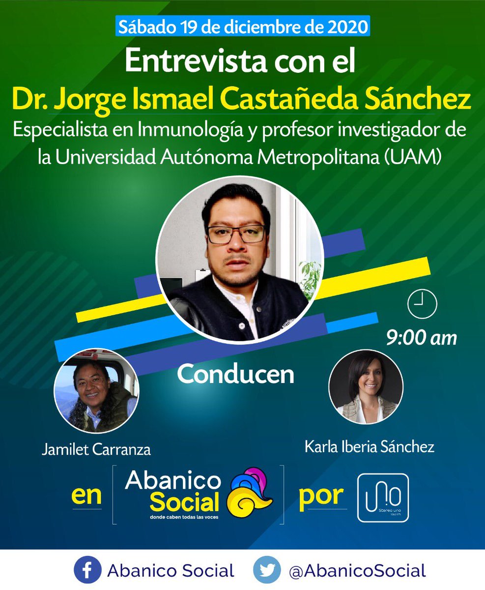 AbanicoSocial's tweet photo. La aplicación de las dos primeras vacunas contra el Covid-19 generan preguntas que merecen respuestas. Los esperamos este sábado en la conversación de @karlaiberia y @JamiletCarranza con los especialistas @InmunoUAM y Miguel Altuzar, así como el diputado @cesarmoralesn. https://t.co/UGsEqCRS5X