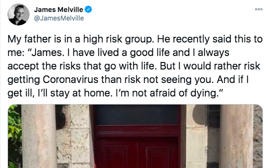 Honest to christ, just wait a few months for a vaccine. Stop encouraging your inexplicable amount of followers to see high risk relatives, they'll be the first group to get the vaccine.
