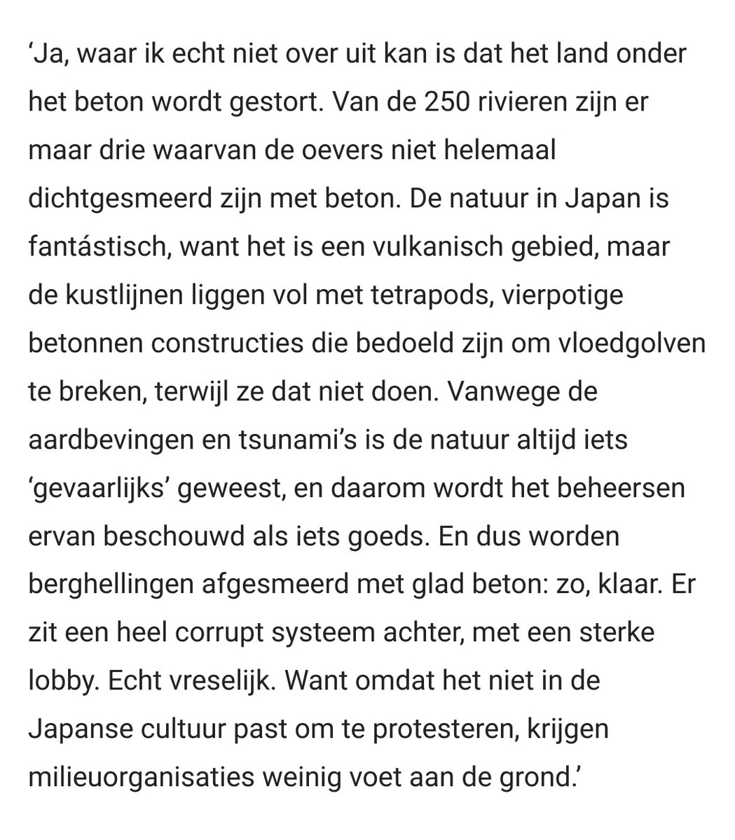 Of course the reasons behind the concrete don't warrant proper analysis.To the presenter, the answer is clear: Japan is wrongly trying to "control" nature. It's the work of a "corrupt system", and protesting against it "doesn't fit Japanese culture". https://cultureelpersbureau.nl/2020/04/buigen-beton-en-bruine-suiker-waarom-paulien-cornelisse-niet-uitgekeken-raakt-op-japan/