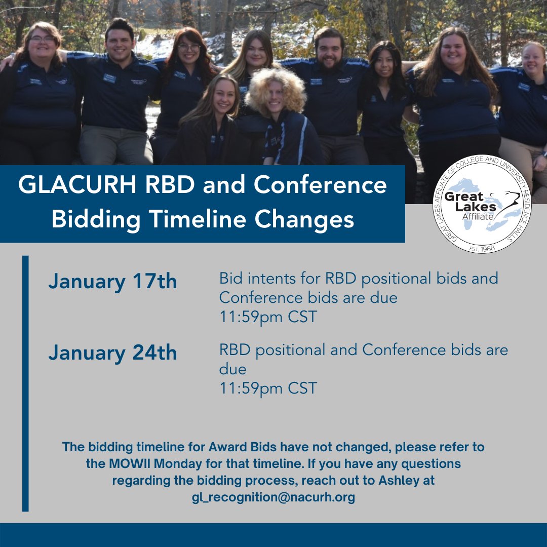 Hey GLACURH!
There has been an update to the RBD positional bid and conference hosting bids timeline!
If you have any questions regarding the bidding process, reach out to Ashley at gl_recognition@nacurh.org
🐻‍❄️💙