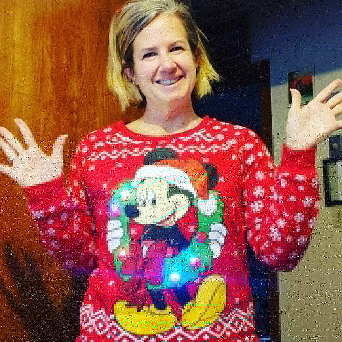 Akc_DisneyDiva's tweet photo. Ugly Christmas sweater day at school--even virtually from home! I had to break out my Mickey sweater that lights up. I mean, if Mickey lights up, you gotta flash it! Scout proudly wears his too, even if it's a bit snug! 😂  #uglychristmassweater #ofcourseitsDisney @LSWSenate https://t.co/qxaTilapjk
