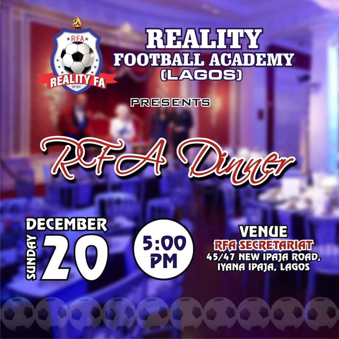 academy_reality's tweet photo. It’s going down this Sunday. Reality Football Academy celebrates what is a successful year 2020 with a get together Dinner. 
20th
5PM
At the secretariat. 

Be there!  #RFA #RealityFA https://t.co/b1COX1qrLW