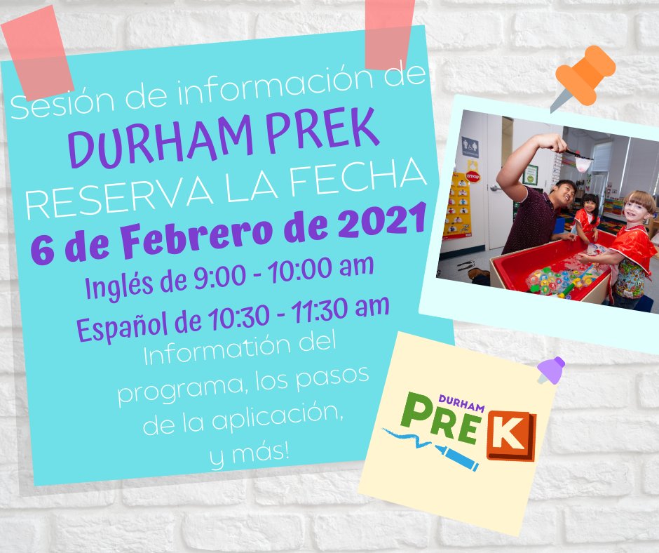 DurhamPrek's tweet photo. ¿Está interesado en solicitar para Durham PreK el año que viene? ¡Rellene este formulario de interés para la sesión de información familiar el 6 de febrero de 2021! https://t.co/mrklkVdomY
#DurhamPreK #DPK #Durham #NCPreK #DPS #DurhamHeadStart https://t.co/V4L0vXPHFq