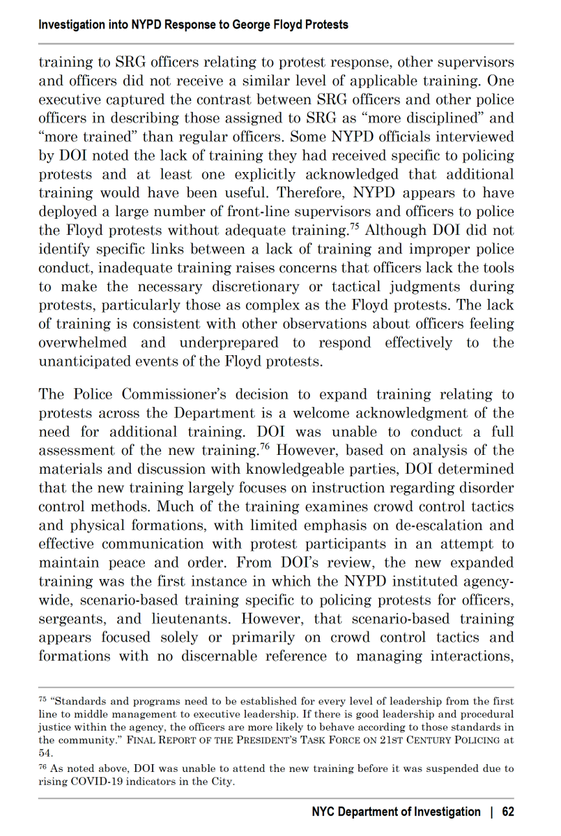 ...turning back to the final section of the DOI report related to the NYPD's First Amendment policing/crowd control-related training (at 61-63), despite a few mentions of the focus on "disorder control" rather than some concept of protest facilitation, it says...